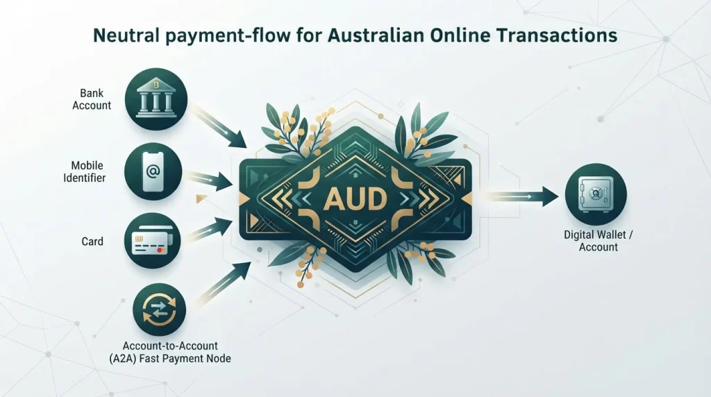 Australian dollar payment flow with bank transfer, mobile identifier and card symbols in a neutral editorial layout