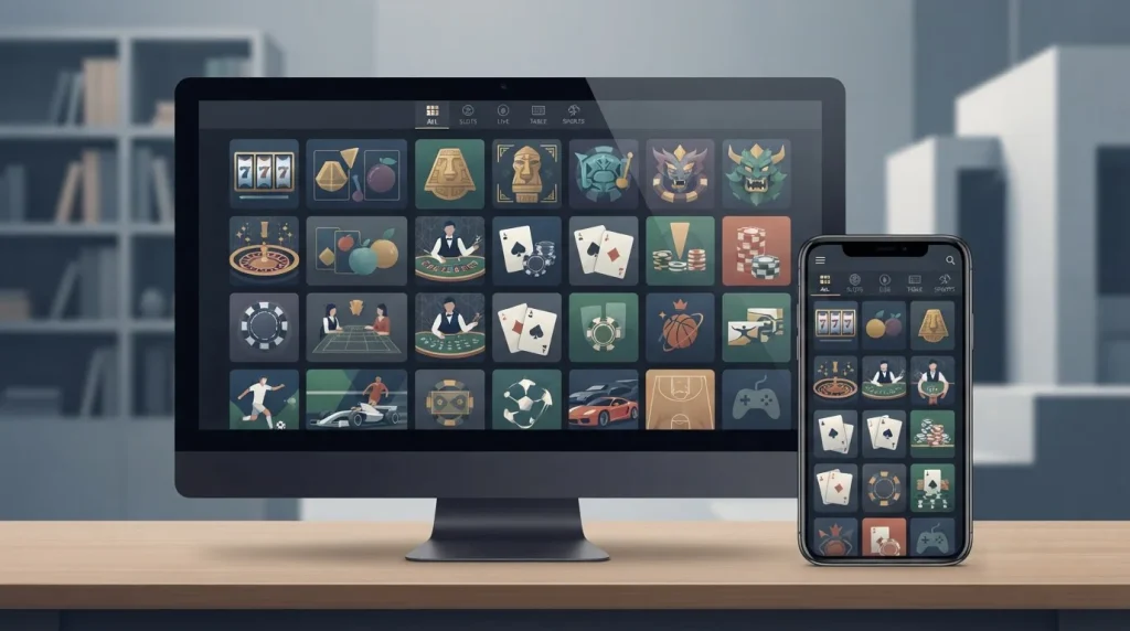 Generic desktop and mobile casino catalogue showing abstract slot reels, live table games and card-game tiles without brand logos