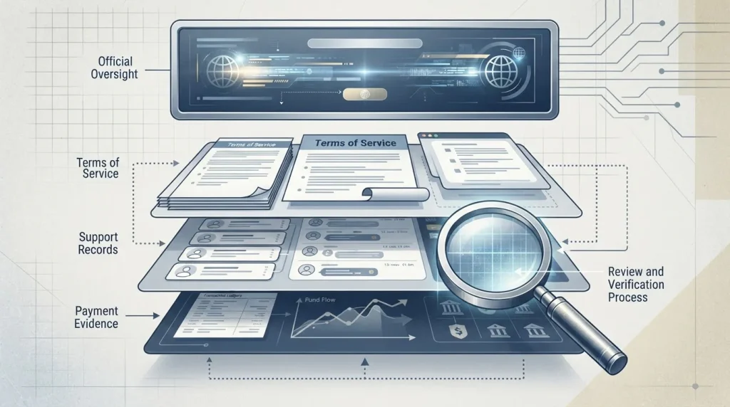 Comparison of regulator records, terms, support information and payment details without regulator or casino logos