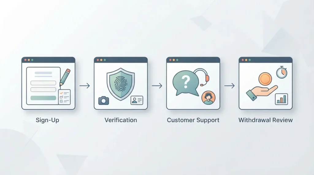 Generic account lifecycle illustration showing sign-up, identity verification, support chat and withdrawal review steps without brand UI