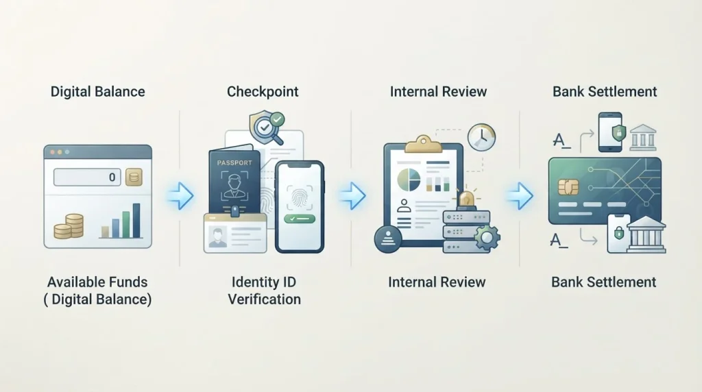 Neutral withdrawal flow from casino balance through identity verification and payment review to an Australian bank account