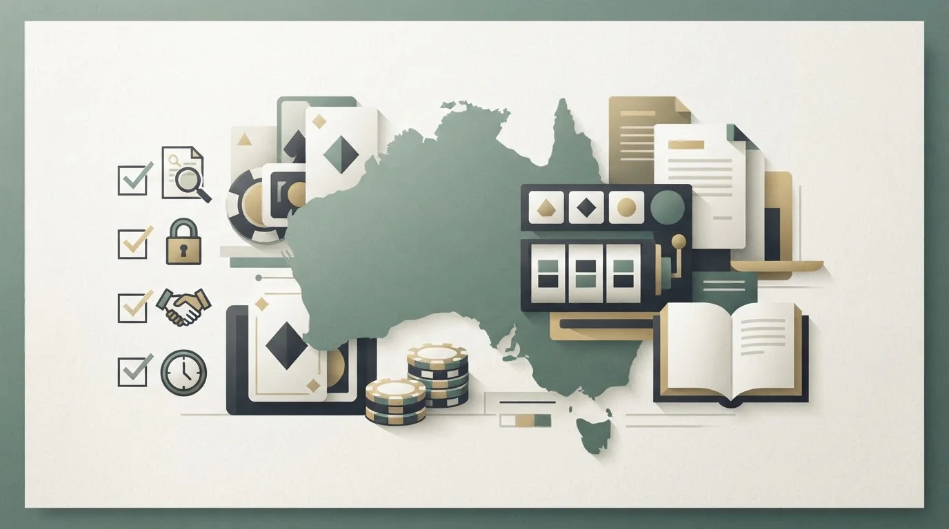 Editorial illustration of Australia, casino interface motifs and an evidence checklist