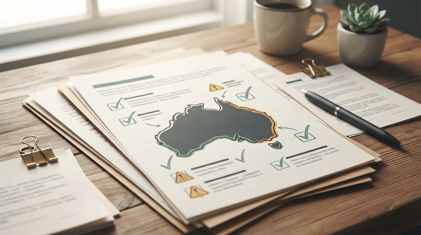 Neutral regulatory checklist with an Australia outline and warning markers